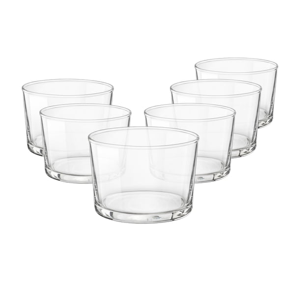 Bormioli Rocco Bodega Mini Tumblers, Set of 6 - 7.5 Oz Clear Tempered Glass Cups for Water, Wine, Juice & Cocktails - Stackable Small Drinking Glassware for Kitchen & Bar Use