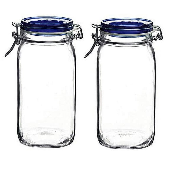 Bormioli Rocco Bormioli Rocco Set OF 2 Fido Square Jars With Blue Bail And Trigger Lids, 50-3/4-ounc, 50.75oz