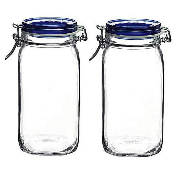 Bormioli Rocco Bormioli Rocco Set OF 2 Fido Square Jars With Blue Bail And Trigger Lids, 50-3/4-ounc, 50.75oz
