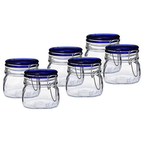 Bormioli Rocco Fido Square Glass Canning Jar with Blue Lid, 0.5 Liter (Pack of 6) (6 Items)