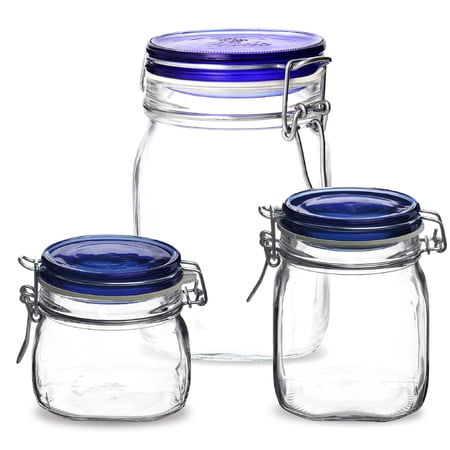 Bormioli Rocco Fido Collection, Variety Pack, Set Of 3 Food Storage Glass Jars 17 Oz. - 25.25 Oz. - 33.75 Oz. Made In Italy.