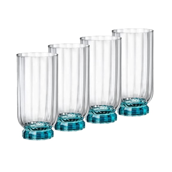 Bormioli Rocco Florian Set Of 4 Highball Glasses, 14.5 Oz. Lucent Blue Base, Italian Made Colored Glassware