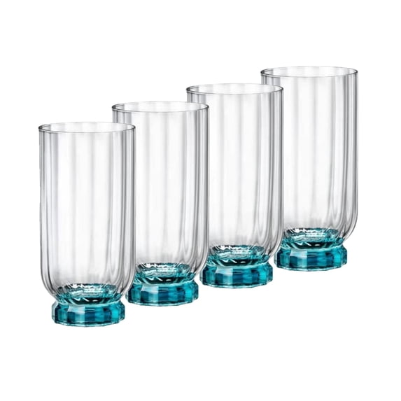 Bormioli Rocco Florian 14.5 oz. Highball Cocktail Beverage Drinking Glasses, Lucent Blue, Set of 4