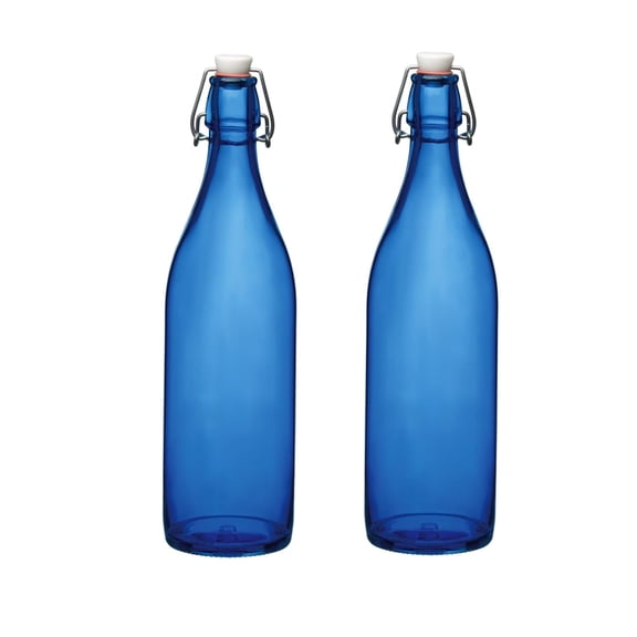 Bormioli Rocco Giara Glass Bottle with Leak-Proof Lid, 33.75 oz (Set of 2) - BPA-Free Bottle for Infused Drinks, Juices, Dressings, Decorative Glass Storage, Airtight Glassware - Made in Italy (Blue)