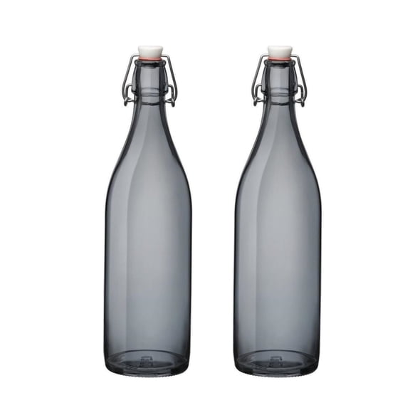 Bormioli Rocco Giara 34 Oz Bottle (Set of 2) - Heavy Duty Transparent Glass with Swing Top - Durable, Leak-Proof Grolsch Bottles for Beverages, Kombucha, Oil, Vinegar - Gray Serving Carafe