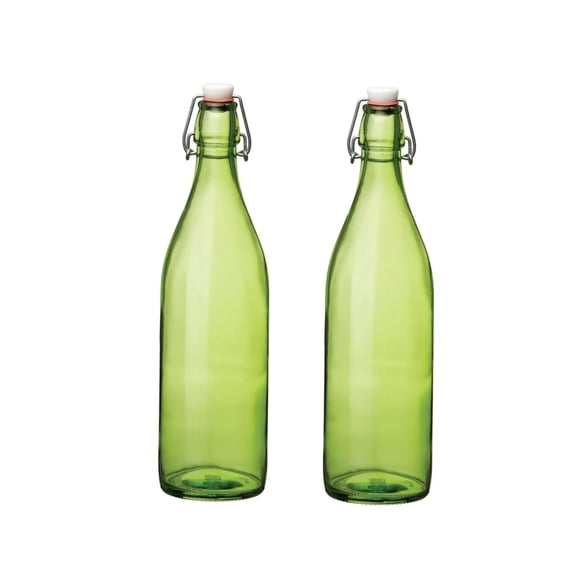 Bormioli Rocco Giara Beverage Bottle 33.75 oz (Set of 2) - Leakproof Glass Container for Homemade Juices & Dressings - Stylish Drinkware Storage for Kitchen/Restaurant - Made in Italy (Green)