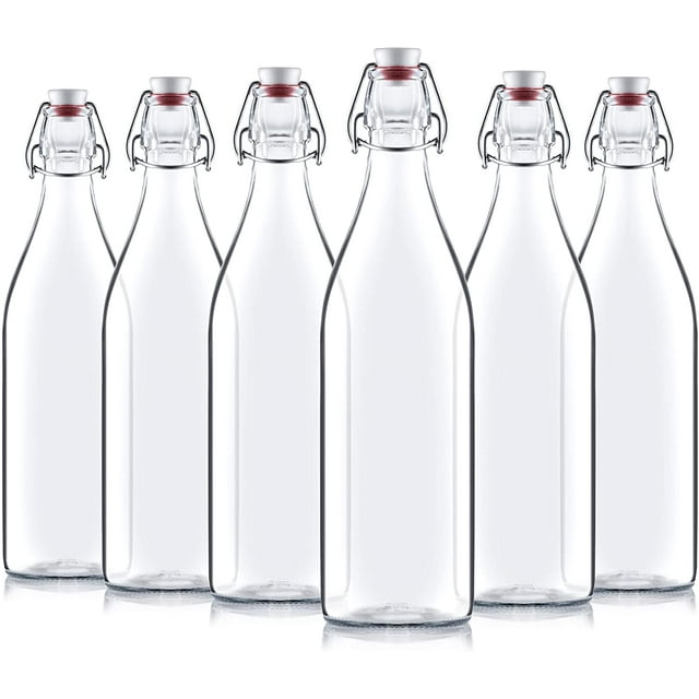 Bormioli Rocco Giara Swing Top Bottles 33  Ounce/1 Liter (6 Pack) ROUND Clear Glass Grolsch Flip Top Bottle With Stopper