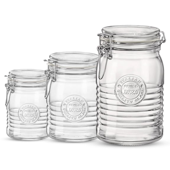 Bormioli Rocco Officina 1825 Variety Pack, Set Of 3 Glass Jars, Wide Opening, With Airtight Hinged Lid, clear