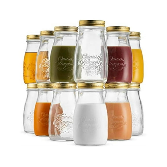 Bormioli Rocco Quattro Stagioni Bottle (Set of 12), Embossed Glass Jars with Twist Top Lid, Ideal for Canning, Dry Storage, Gift Ideas - 6.75 Oz. Glass Bottles, Dishwasher Safe - Made in Italy