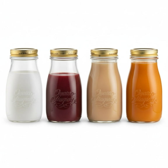 Bormioli Rocco Quattro Stagioni Bottles – 6.75 Oz. Glass Jars with Twist Top Lids, Embossed Beehive Design – For Canning, Drinks, Gifts, Food Storage & Table Décor – Made in Italy (Set of 4)