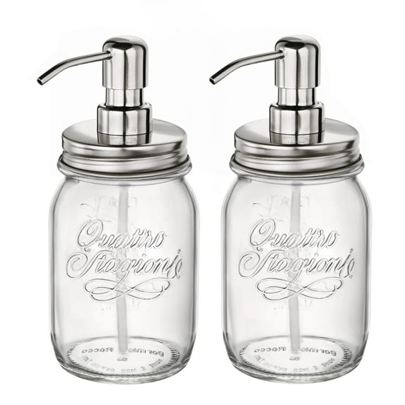 Bormioli Rocco Quattro Stagioni Set of 2 Mason Jars, 17 Oz. Soap and Lotion Dispensers, for Kitchen Or Bathroom, with Stainless Steel Pumps