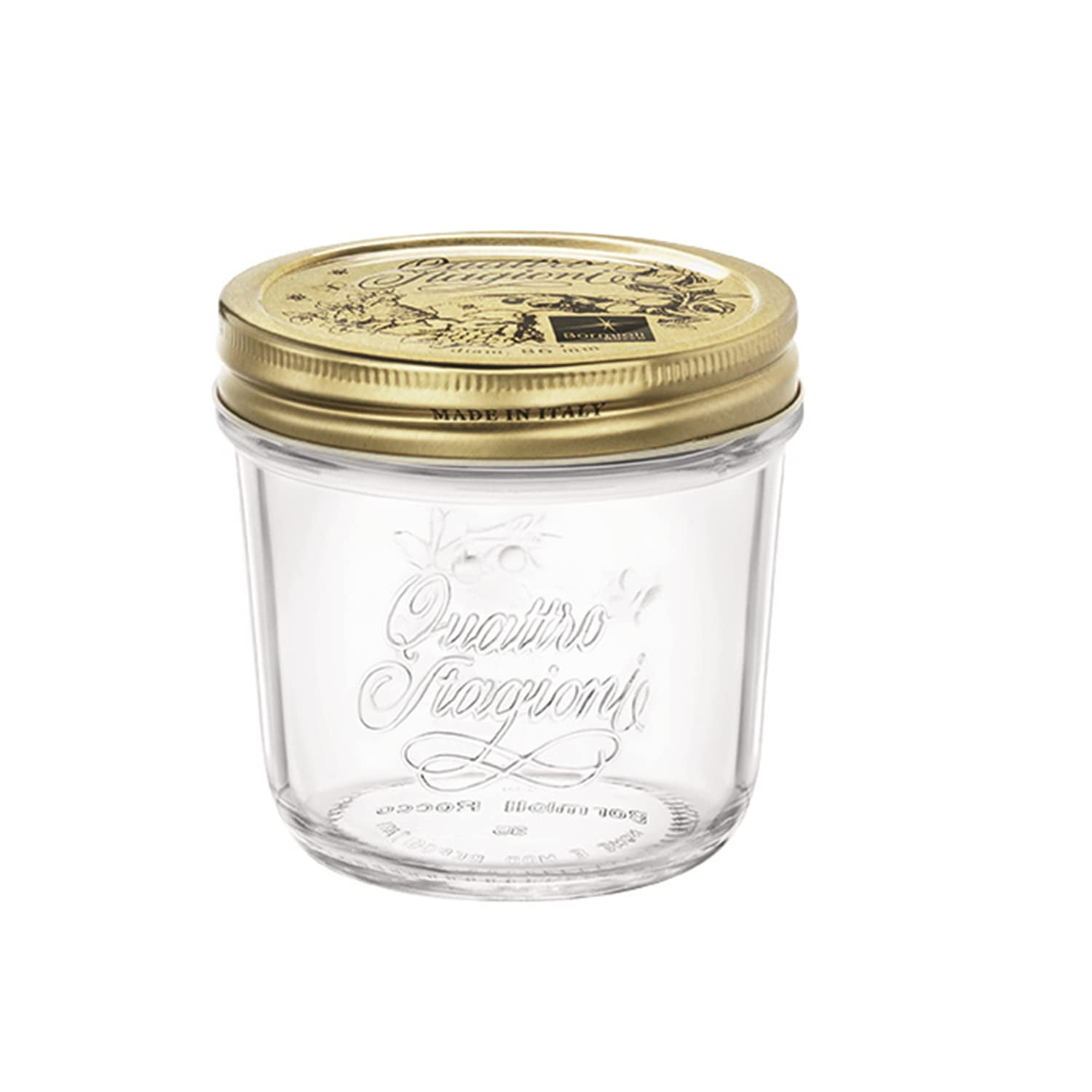 Quattro Stagioni Clear Glass Jar with Gold Lid, 6.75 oz