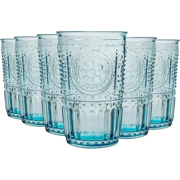 Bormioli Rocco Romantic Set Of 6 Tumbler Glasses, 11.5 Oz. Colored Crystal Glass, Light Blue, Made In Italy