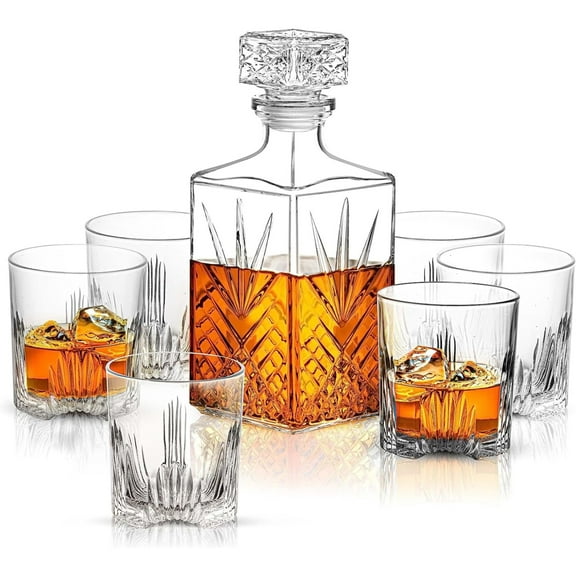 Bormioli Rocco Selecta Decanter and Tumblers, 7-Piece Set - Etched Starburst Glass with Airtight Diamond Stopper & 6 Matching 9.5 Oz. Glasses - Made in Italy Whiskey Set for Spirits - Dishwasher Safe