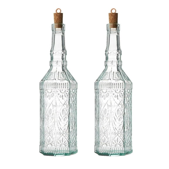 Bormioli Rocco Set Of 2 Country Home Fiesole Bottle, 24-ounce With All Natural Cork Lid, Blue-green Tinted Star Glass, Elegant And Floral Design Made In Italy
