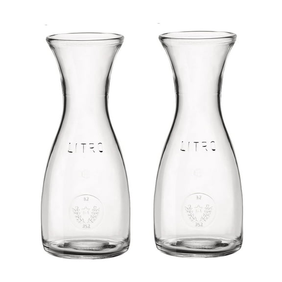 Bormioli Rocco Set Of 2 Misura Pz Carafes, 33.75 Oz. Wide Mouth Clear Glass Pitcher, Elegant Vintage Bistro Style Decanter, With Authenticity Stamp, Made In Italy.