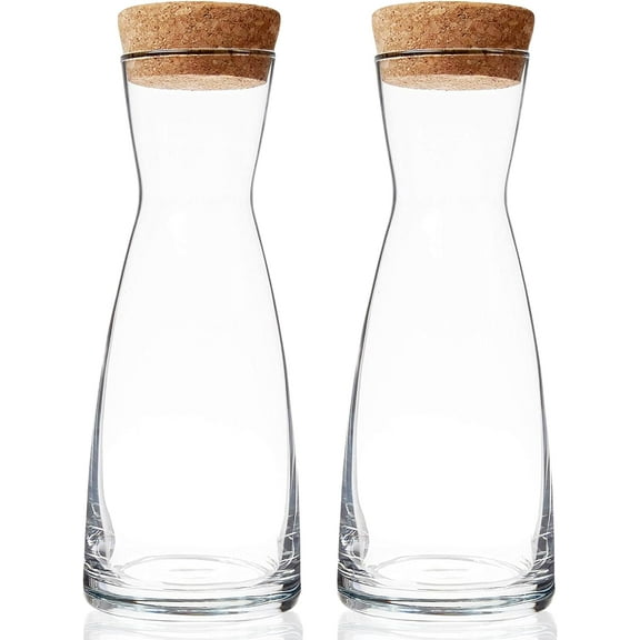 Bormioli Rocco Set Of 2 Ypsilon Carafe With Natural Cork Top Lid, 36.5 Oz. Star Glass Pitcher For Water, Juice, Ice Tea Or Wine.