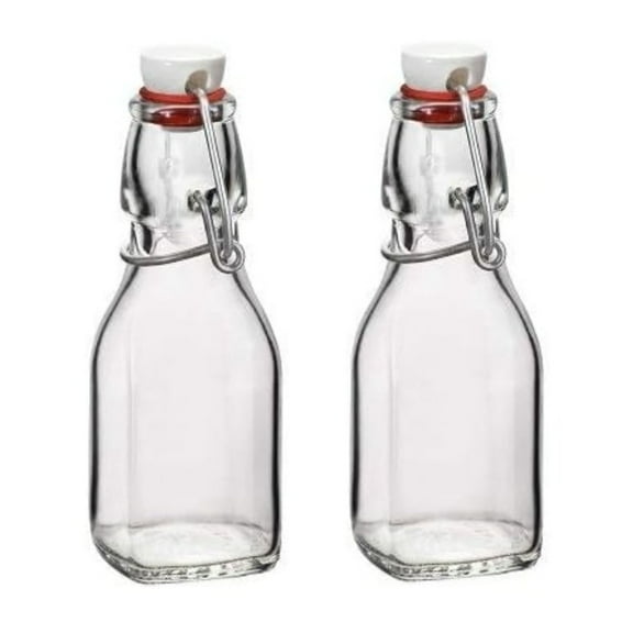 Bormioli Rocco Square Swing Top Glass Bottles, 4.25 Oz (Set of 2) - Made in Italy - Minimal Square Design with Swing Top Closure, Dishwasher Safe, BPA-Free Glass Bottle Set - Eco-Conscious Tableware