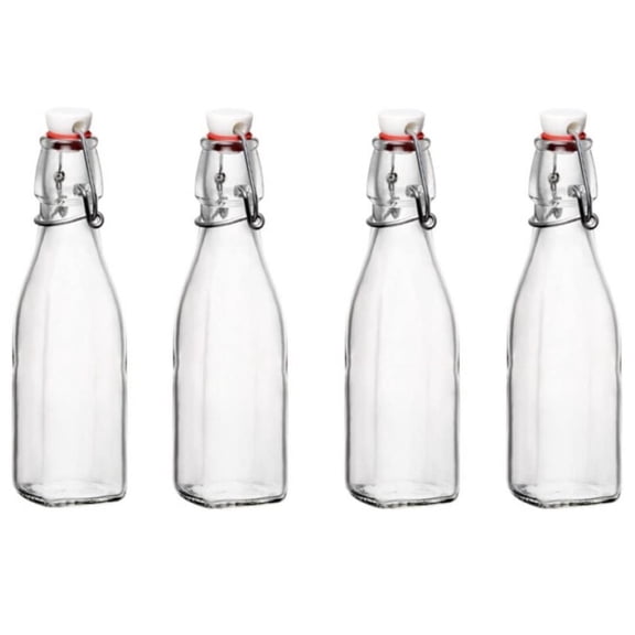 Bormioli Rocco Swing Top Glass Bottle (Set of 4) - 8.5 oz Reusable Container with Secure Metal Clasp, Ideal for Homemade Juices, Oil Infusions, Condiments, Mixers - Everyday Drinking Glasses