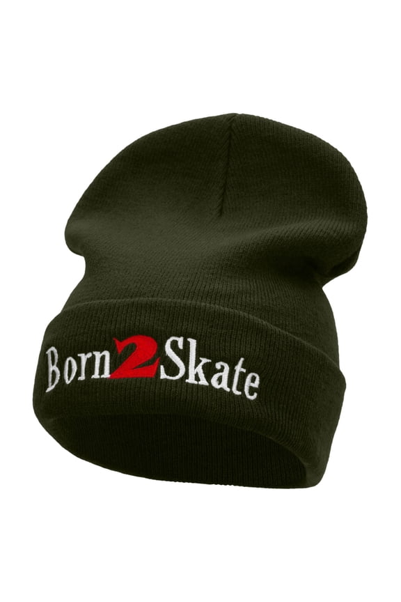 Born 2 Skate Embroidered 12 Inch Long Knitted Beanie - Olive OSFM