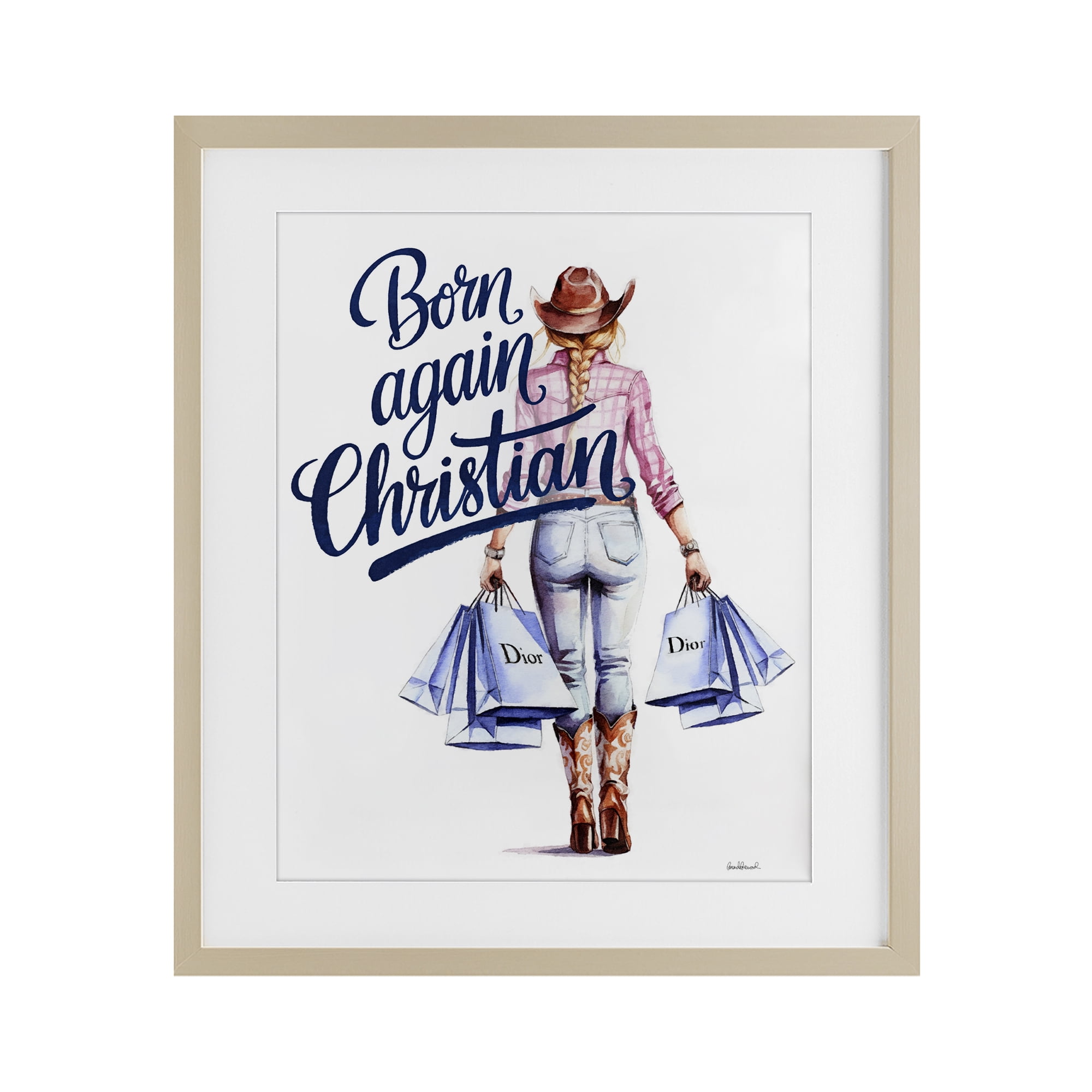 Born Again Christian Cowgirl Birch Framed Print Under Glass, design by Amanda Greenwood