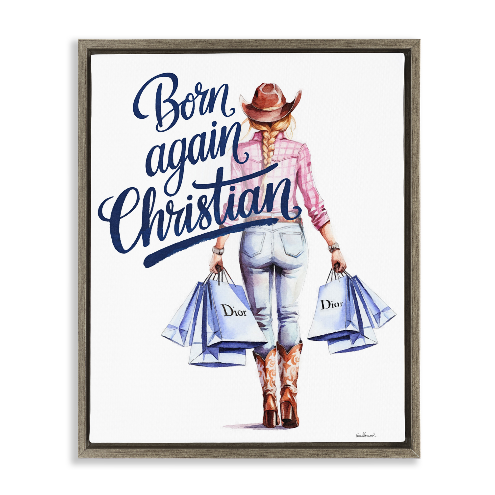 Born Again Christian Cowgirl Brown Framed Floater Canvas Wall Art, design by Amanda Greenwood