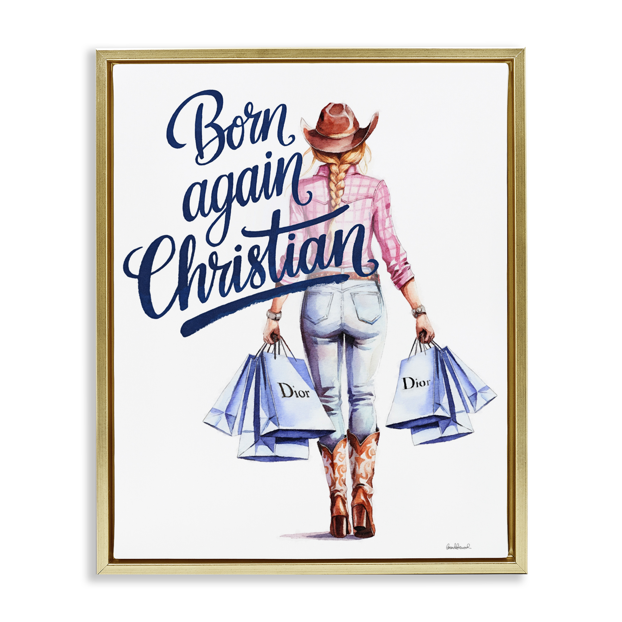 Born Again Christian Cowgirl Gold Framed Floater Canvas Wall Art, design by Amanda Greenwood