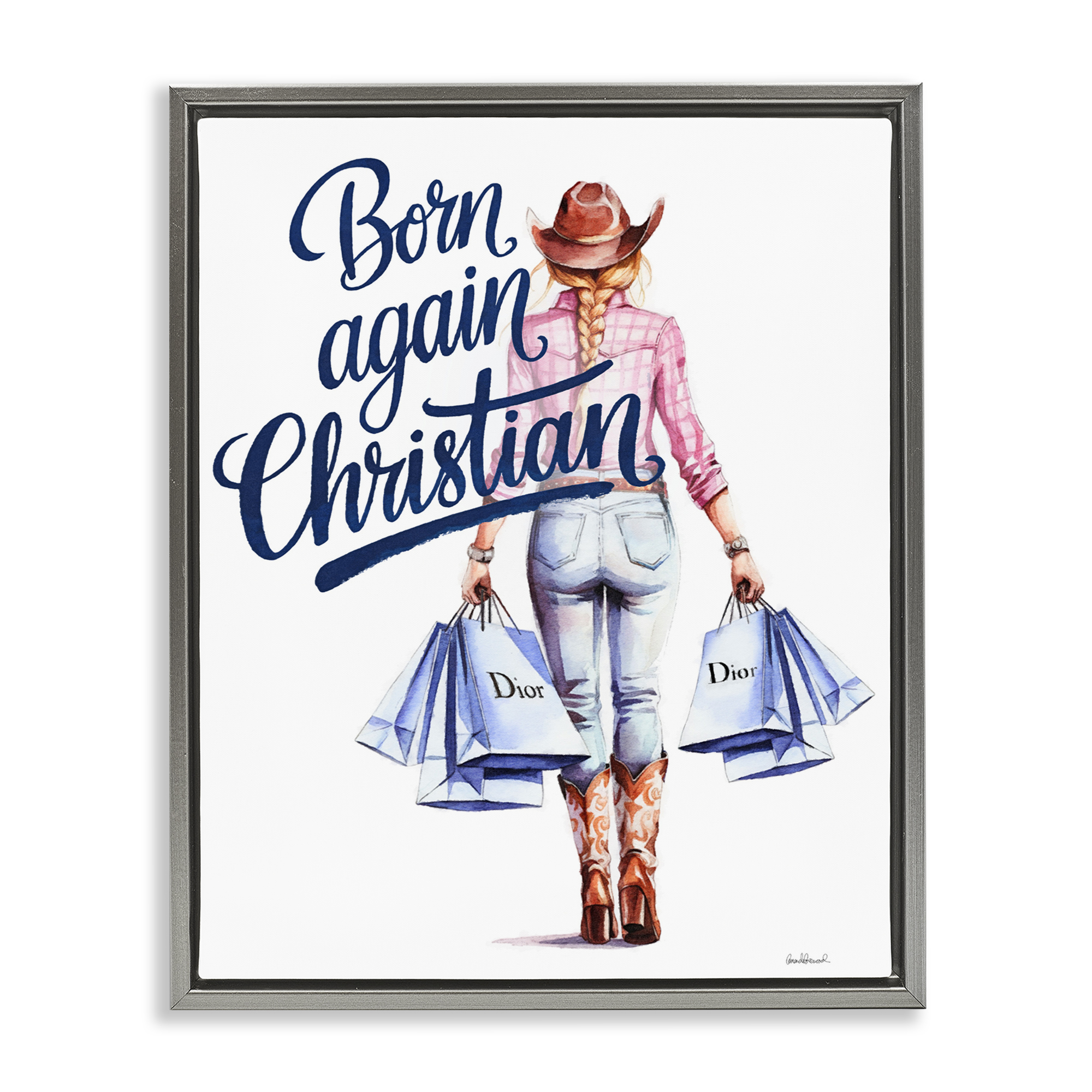 Born Again Christian Cowgirl Gray Framed Floater Canvas Wall Art, design by Amanda Greenwood