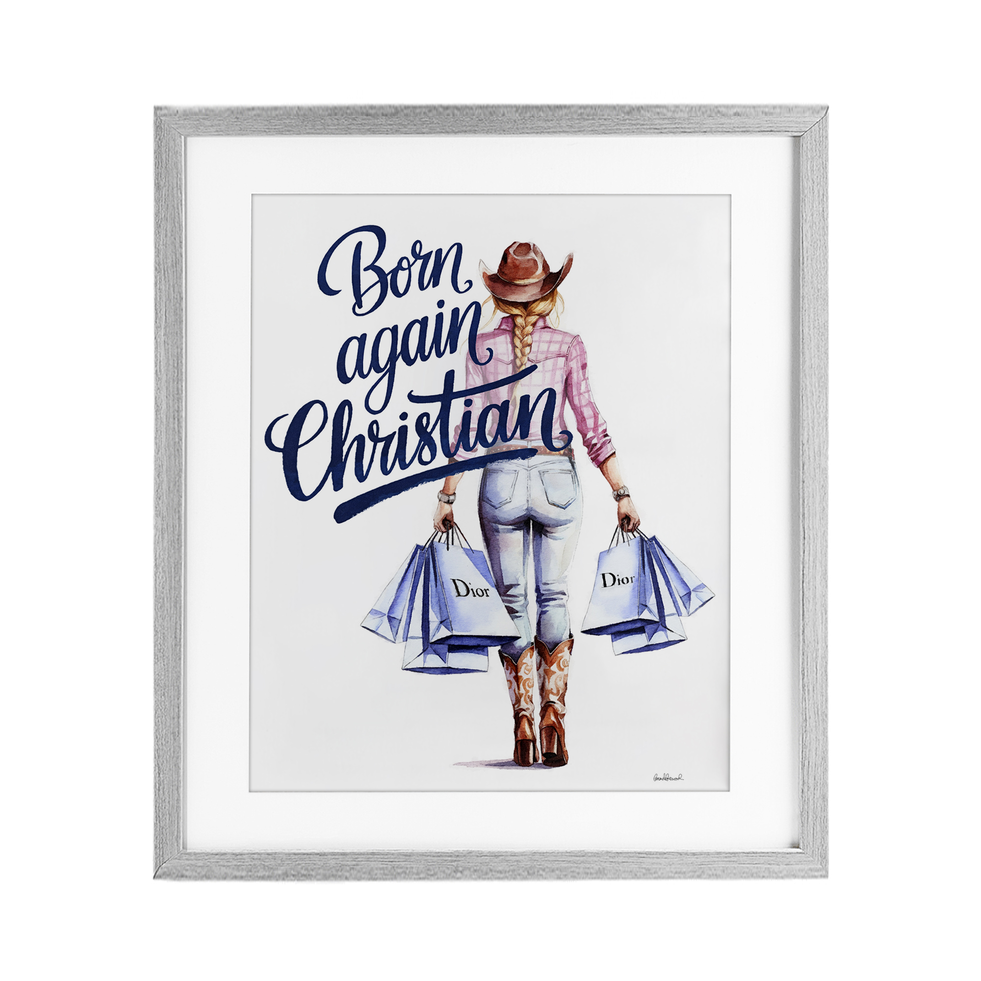 Born Again Christian Cowgirl Gray Framed Print Under Glass, design by Amanda Greenwood