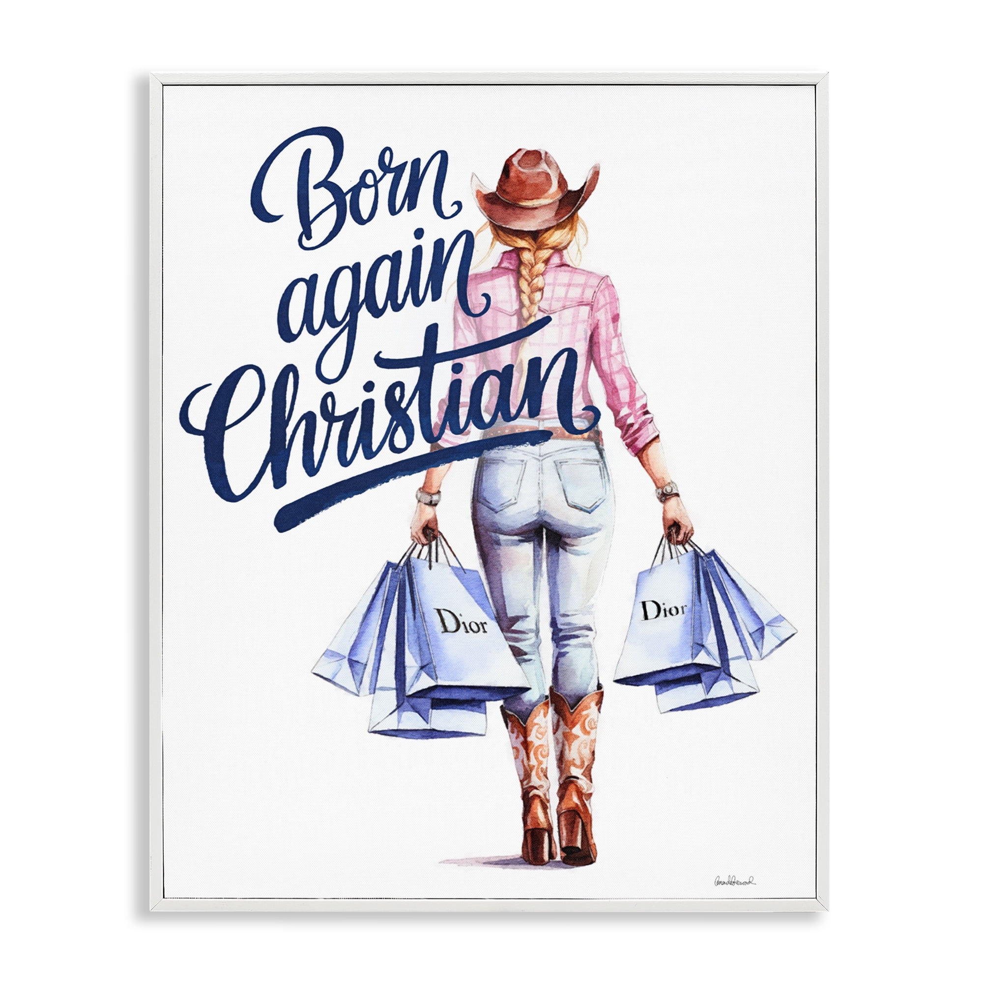 Born Again Christian Cowgirl White Framed Giclee Art, design by Amanda Greenwood