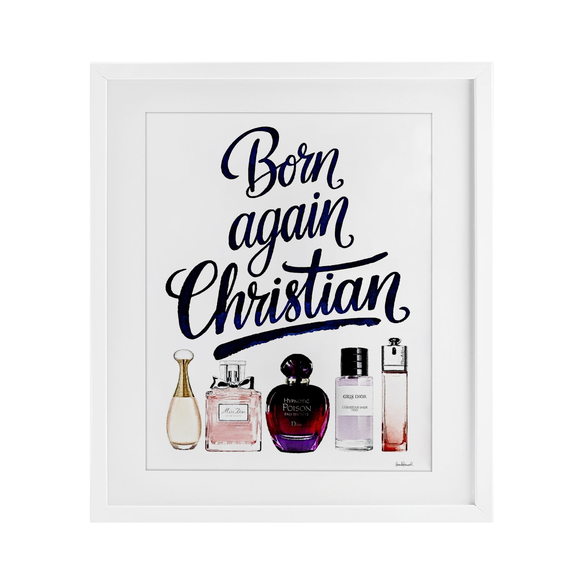 Born Again Christian Skincare White Framed Print Under Glass, design by Amanda Greenwood