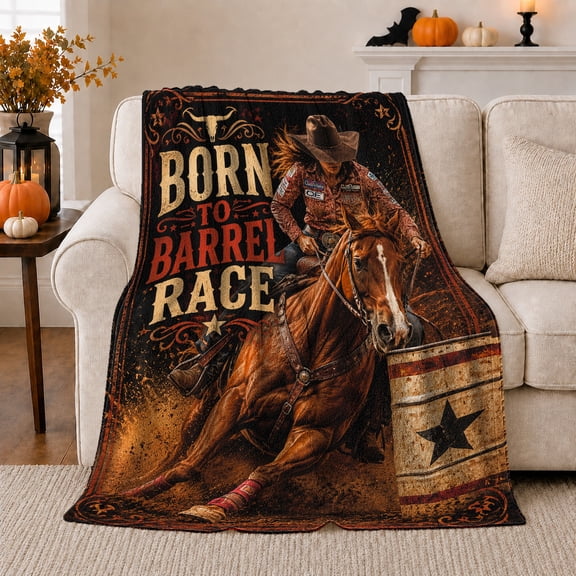 Born Barrel Race Cowgirl Rodeo Action, Cozy Typography Art Scene, Warm Flannel Blanket for Living Room and Reading Nook, Art Lovers Valentine's Day Gift, Artistic Home Decor