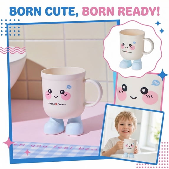 Born Cute Kids Toothbrush Cup Creative Cartoon Mouthwash Tumbler for Ages 3+ Durable Plastic Bathroom Rinse Cup with Handle