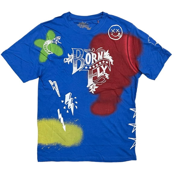 Born Fly Men's Spray Paint Happy Face Embroidered Premium Tee T-Shirt in Blue (Large, Blue)