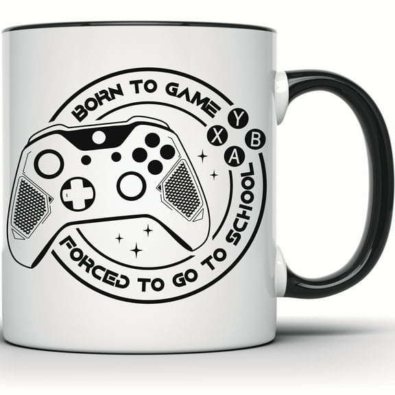 Born to Game Mug - Funny Gamer Mug - Video Game Controller Mug - Forced to Go to School - Gaming Gift for Gamers - Video Game Lover's Mug - 11 Ounce Black Rim Handle Novelty Coffee Cup - WMUG1139-BLK