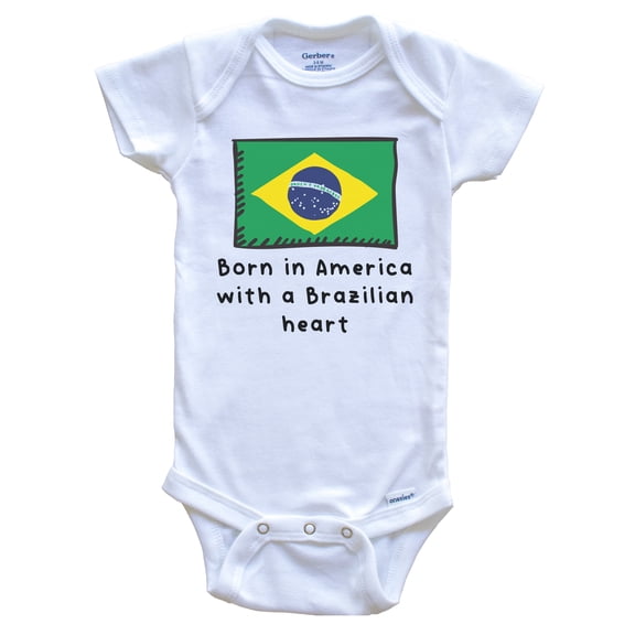 Born In America With A Brazilian Heart Cute Brazil Flag Baby Bodysuit, 3-6 Months White