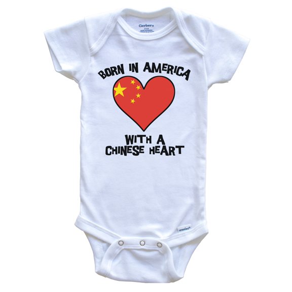 Born In America With A Chinese Heart Baby Bodysuit China Flag Baby Bodysuit, 0-3 Months White