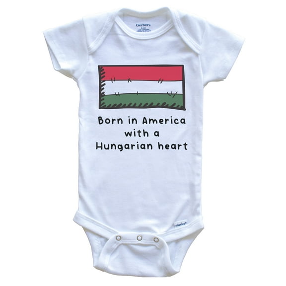 Born In America With A Hungarian Heart Cute Hungary Flag Baby Bodysuit, 0-3 Months White