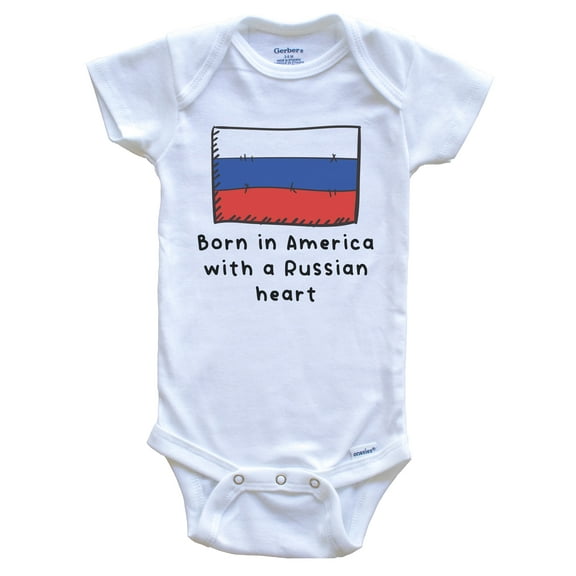 Born In America With A Russian Heart Cute Russia Flag Baby Bodysuit, 0-3 Months White