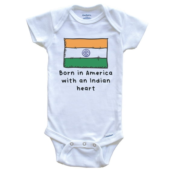 Born In America With An Indian Heart Cute India Flag Baby Bodysuit, 3-6 Months White