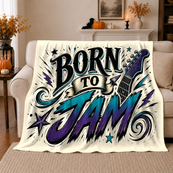 Born Jam Rock Roll Guitar Art, Festive Holiday Scene, Warm Flannel Blanket for Living Room and Reading Nook with Detailed Artwork, Art Lovers Christmas Gift, Festive Home Decor