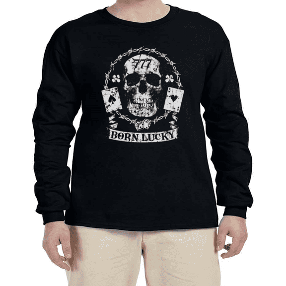 Born Lucky Skull 777 Barbed Wire Skulls T-shirt Mens Graphic Tees Long Sleeve Tee Shirt