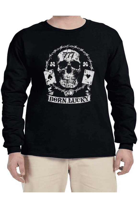 Born Lucky Skull 777 Barbed Wire Skulls T-shirt Mens Graphic Tees Long Sleeve Tee Shirt