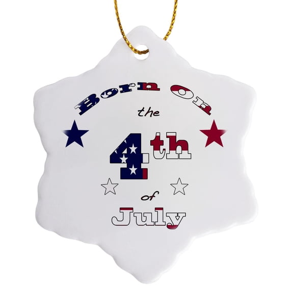 3drose, Born on the 4th of July, Patriotic Text Art for Those Whose Birthday Is July 4., 3 inch Snowflake Porcelain Ornament