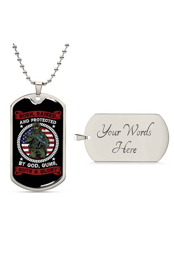 Born, Raised, Protected 4th July - Graphic Military Dog Tag Necklace (Optional Personalized Engraving)