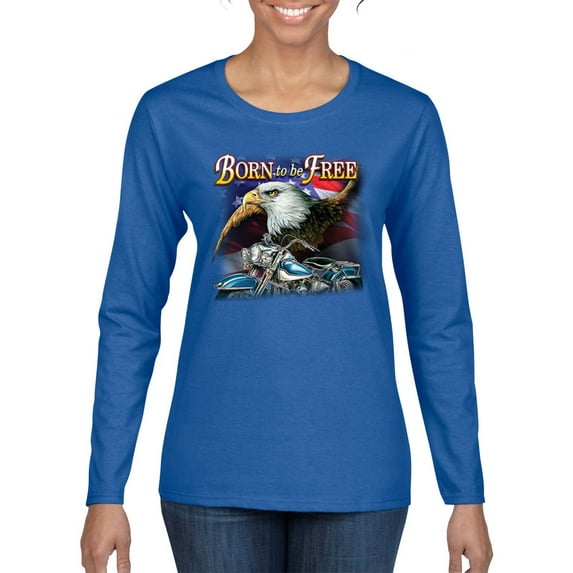 Born To Be Free Blad Eagle and American Flag Cars and Trucks Womens Graphic Long Sleeve T-Shirt, Royal, 2XL