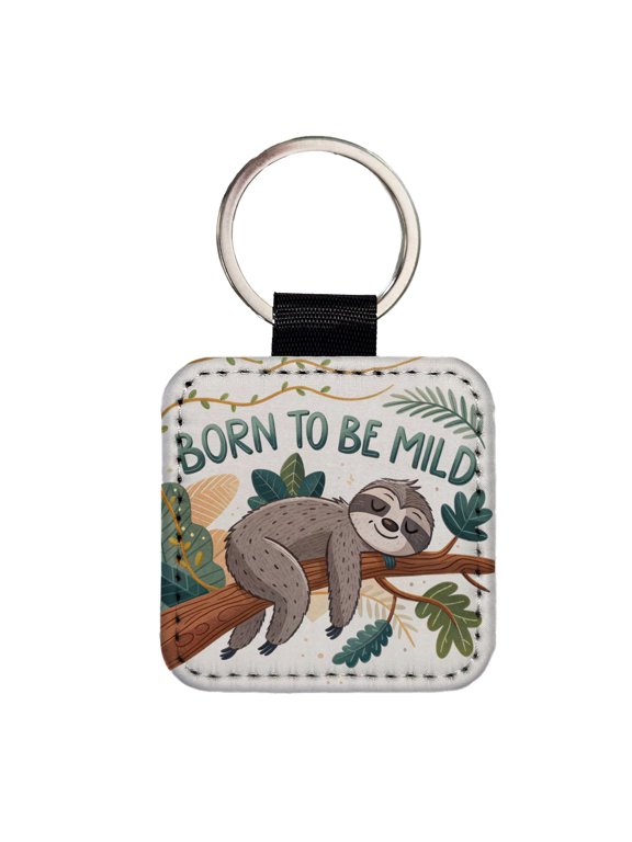 Born To Be Mild Sleeping Sloth Faux Leather Square Keychain