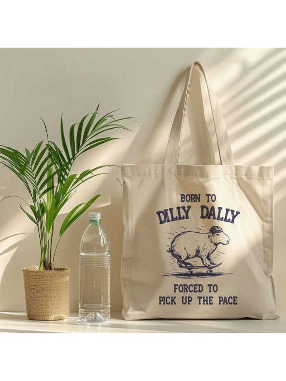Born To Dilly Dally Tote Bag Funny Capybara Retro Vintage Cotton Canvas Bag Gift For Capybara Lover Funny Meme Silly Cute Weirdcore Gift