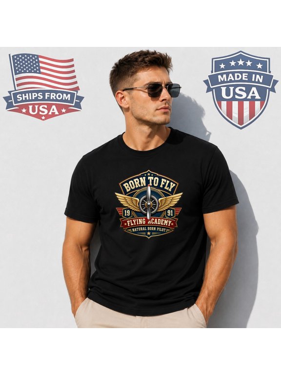 Born To Fly Aviation Emblem Graphic T-Shirt Pilot Airplane