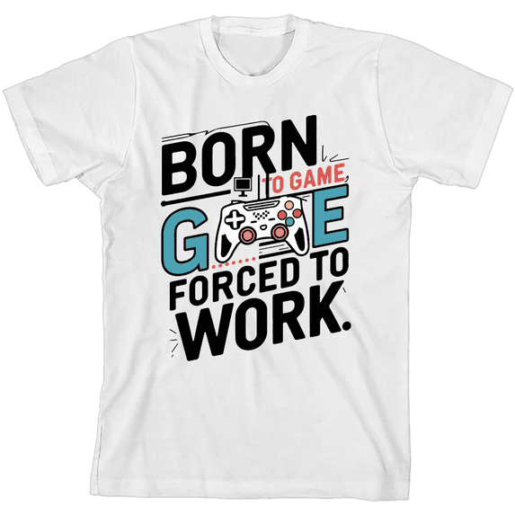 "Born To Game, Forced To Work" Youth White Crew Neck Short Sleeve Tee-Medium
